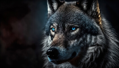 Lonely Wolf Portrait With Blue Eyes In The Dark - Generative AI