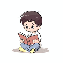 Cute little smart boy sitting and reading book cartoon flat character vector illustration