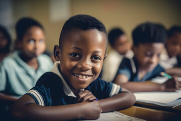 Smiling African American boy, writing in a notebook while sitting at his desk during a lesson at school, smiling and looking. Generative AI.