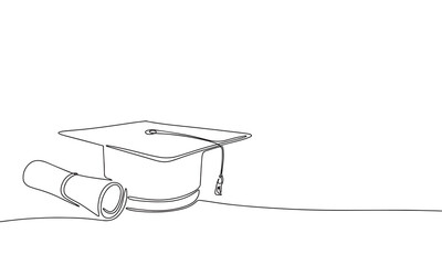 Graduation cap and diploma one line continuous illustration. Line art graduation education vector.