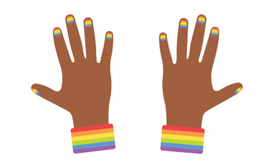 LGBT concept. Africans hands with rainbow on nail. LGBT equal rights movement and gender equality concept. Vector illustration