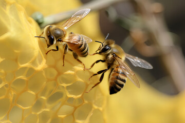 Two bees relaying on a fully yellow net Bees fly beautifully