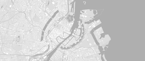 White and light grey Copenhagen City area vector background map, roads and water cartography illustration.