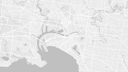 White and light grey Melbourne city area vector background map, roads and water illustration. Widescreen proportion, digital flat design.