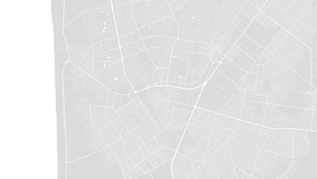 White and light grey Nouakchott city area, Mauritania, vector background map, roads and water illustration. Widescreen proportion, digital flat design.