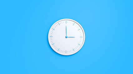 Clock on wall. White wall clock isolated on blue background. 3d render illustration. Clock Face hanging on the wall. Copy space and central composition.