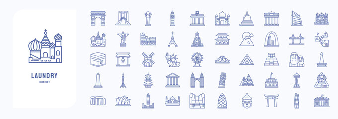 A collection sheet of outline icons for World famous landmarks, including icons like Taj Mahal, Taipei, Tori and more