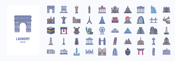 A collection sheet of linear color icons for World famous landmarks, including icons like Taj Mahal, Taipei, Tori and more