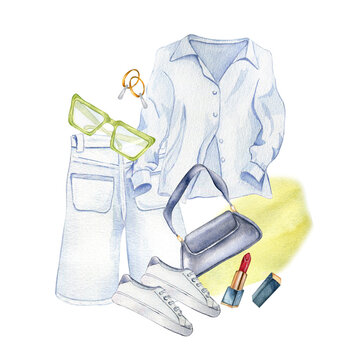 Composition of shirt, shorts, bag, sneakers, sunglasses watercolor illustration isolated on white. Woman's summer outfit hand drawn. Design for shop, sale, magazine, packaging, showcase, pattern
