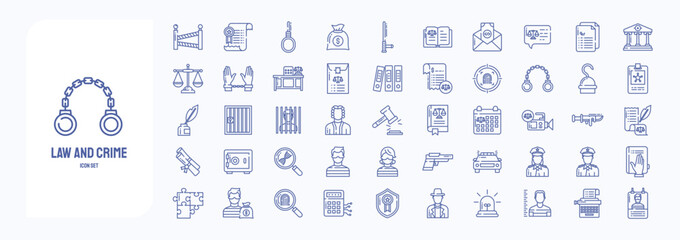 A collection sheet of outline icons for Law and Crime, including icons like Police, Custody, Court, Handcuffs and more