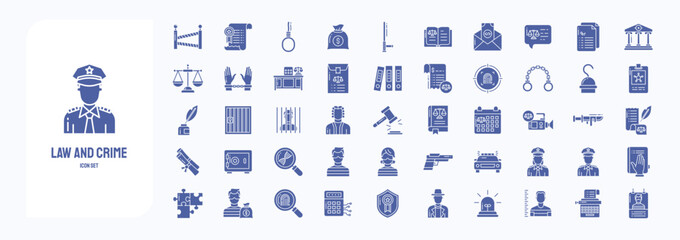 A collection sheet of solid icons for Law and Crime, including icons like Police, Custody, Court, Handcuffs and more