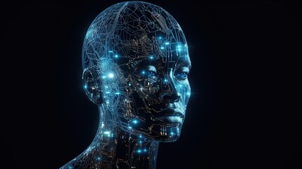 Obraz premium Abstract digital human face. Cyborg 3d background. Ai generated