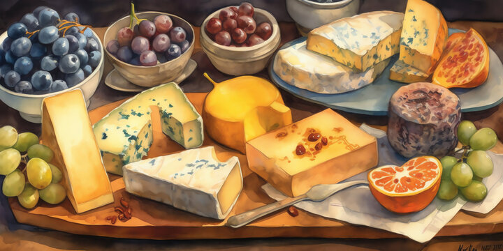 A cheese platter in a watercolor painting that celebrates the texture and diversity of cheeses in vibrant colors. Generative AI.