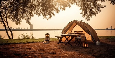 tourist lit tent by the lake at sunset. Dramatic sky. Orange lit inside the tent and a fire over the misty river at sunset. Dramatic sunset. Summer landscape. created with Generative AI technology