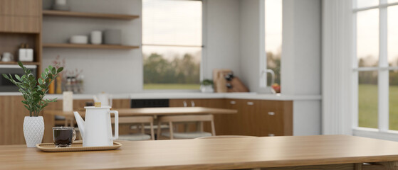 Coffee table with copy space with tea pot and coffee cup on the table