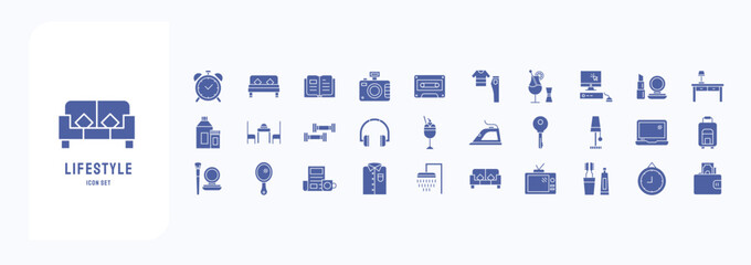 A collection sheet of solid icons for Lifestyle, including icons like Alarm, Bed, Book, Camera and more