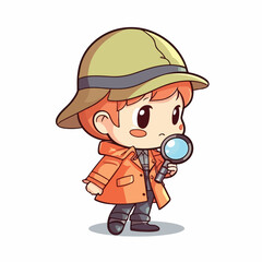 Cute little boy detective wearing coat and hat, use magnifying glass to investigate, cartoon flat character vector illustration