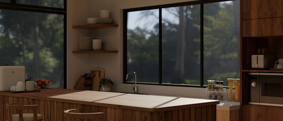 Obraz na płótnie Canvas Copy space on a wooden kitchen countertop in modern bright kitchen interior design