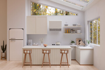 Fototapeta na wymiar Interior design of a modern white kitchen with white kitchen counter and glass ceiling.