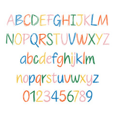 Scribble colorful alphabet Letter and Number. Hand Drawn abc grunge style vector collection
