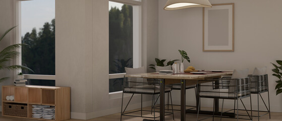 Modern contemporary dining room with dining table near the window