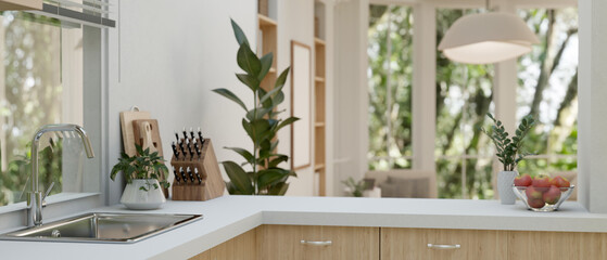 Close-up image of modern kitchen sink on a minimal kitchen countertop with decor
