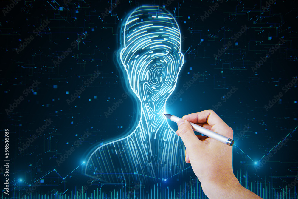 Poster close up of businessman hand with pen pointing at abstract digital fingerprint man or person silhoue