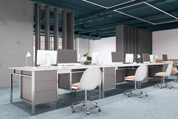 Clean office interior with furniture, equipment and other items. 3D Rendering.