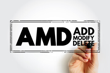 AMD - Add, Modify, Delete acronym text stamp, business concept background