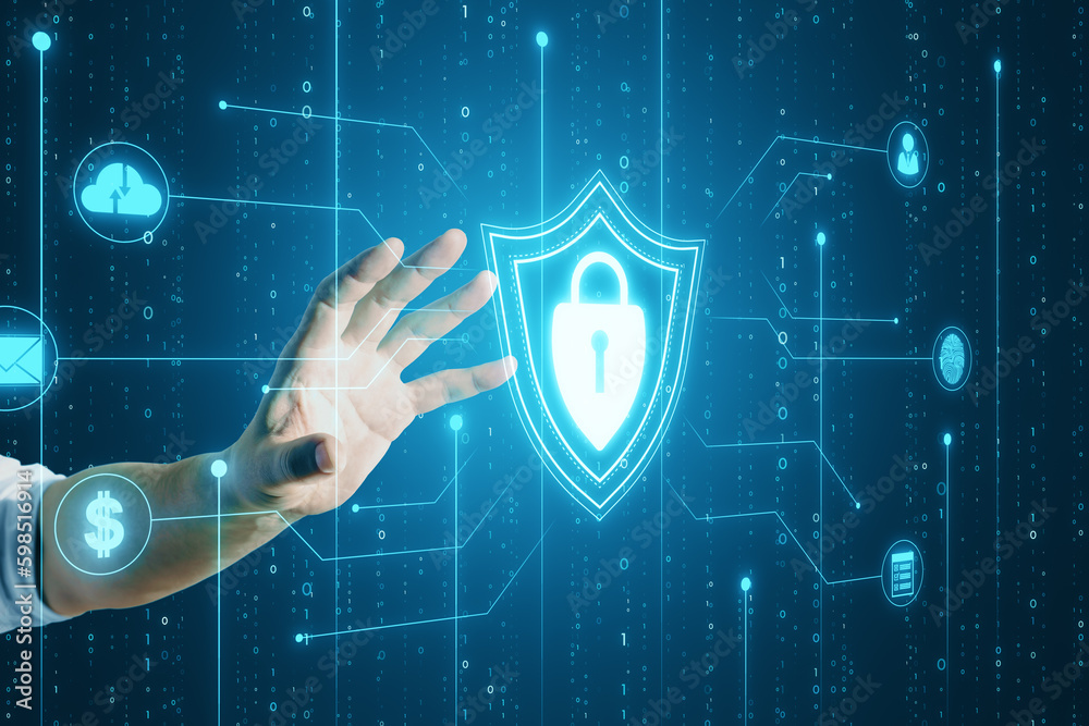 Poster Close up of male hands using glowing blue padlock shield with digital coding on dark background. Safety, programming and access concept.