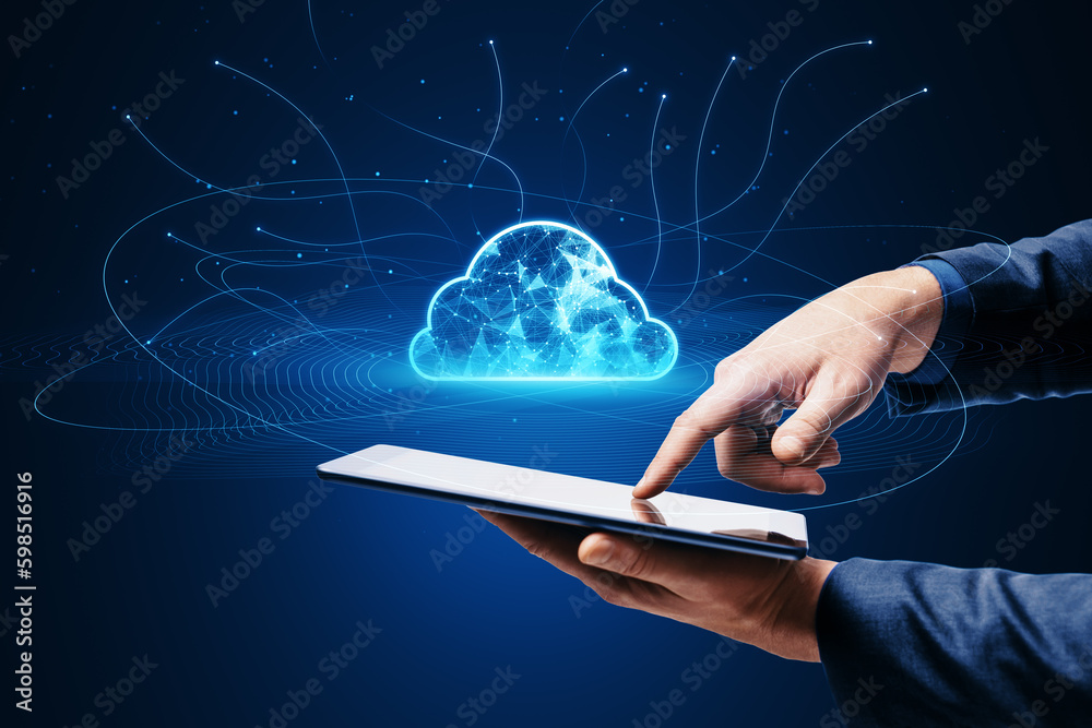 Poster close up of male hand pointing at mobile phone with digital polygonal cloud with lines on blue backg