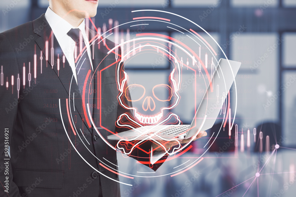 Poster unrecognizable businessman using laptop with glowing skull hologram on blurry office interior backgr