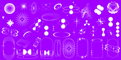 Y2k Aesthetic Shape modern Sipmle Graphic on purple background. Retro Geometric shape with star, circle form and frame. Set Abstract y2k form. Minimal aesthetic design. Trendy vector illustration.