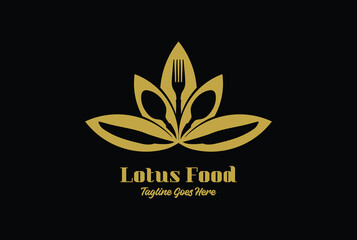 Golden Lotus with Spoon Fork Knife for Nature Health Food Logo Design