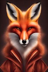 Portrait of a red fox in clothes on a dark background. The head of a beautiful forest animal. Smart look of a dodgy fox, a skillful predator and an elegant animal, generative AI