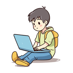 Cute little boy working and studying using laptop cartoon flat character vector illustration