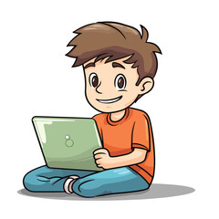Cute little boy working and studying using laptop cartoon flat character vector illustration