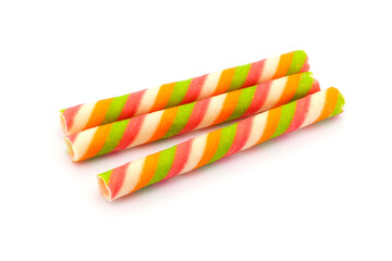 Fototapeta na wymiar Wafer stick roll isolated on white background. colorful wafer stick rolls.
