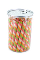 Wafer stick roll in transparent jar isolated on white background. colorful wafer stick rolls.