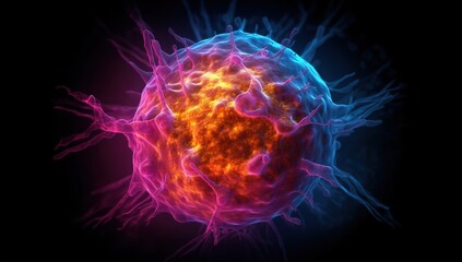 A cancer cell with a yellow glow, Concept of cancer cell attacking body cell. Generative AI.