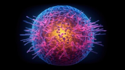 A cancer cell with a yellow glow, Concept of cancer cell attacking body cell. Generative AI.