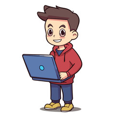 Cute little boy working and studying using laptop cartoon flat character vector illustration