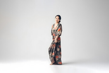 Traditional Suit Asian Girl, Contemporary Design Vintage and Modern Fashion Style, Stands in front of White Background. generative AI