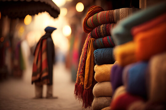 Vibrant exotic marketplace with textiles on display. Generative AI illustration