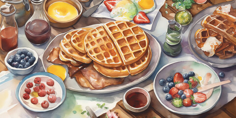 A brunch spread in a watercolor painting that celebrates the indulgence and variety of breakfast foods in vibrant colors. Generative AI.
