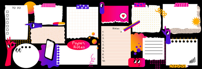 Paper notes with doodle elements. Set with blank Paper sticky notes for to do list, reminders, scheduler. Pencils, funny forms. Vector illustration.