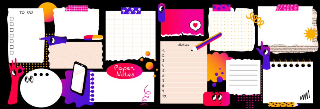 Paper notes with doodle elements. Set with blank Paper sticky notes for to do list, reminders, scheduler. Pencils, funny forms. Vector illustration. 
