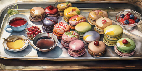 A tray of desserts in a watercolor painting that captures the sweetness and decadence of various treats in vivid colors. Generative AI.