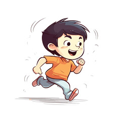 Cute little boy run and happy cartoon flat character vector illustration