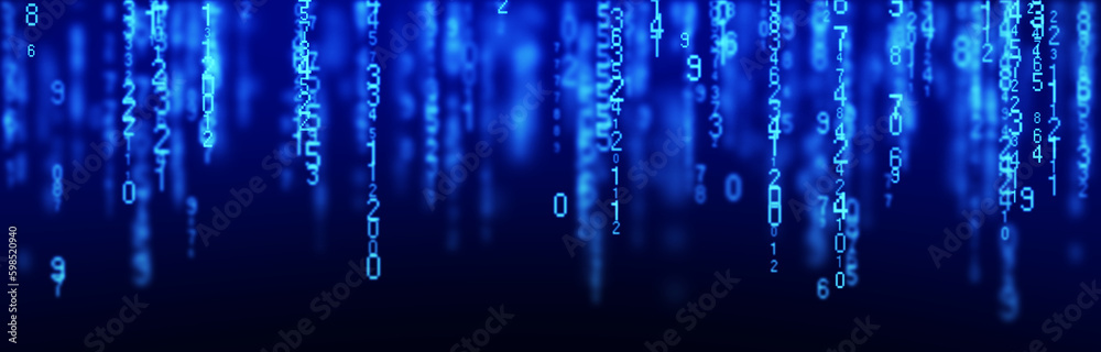 Poster Digital background blue matrix. Coding or hacking concept. Flow of random numbers. 3D rendering.